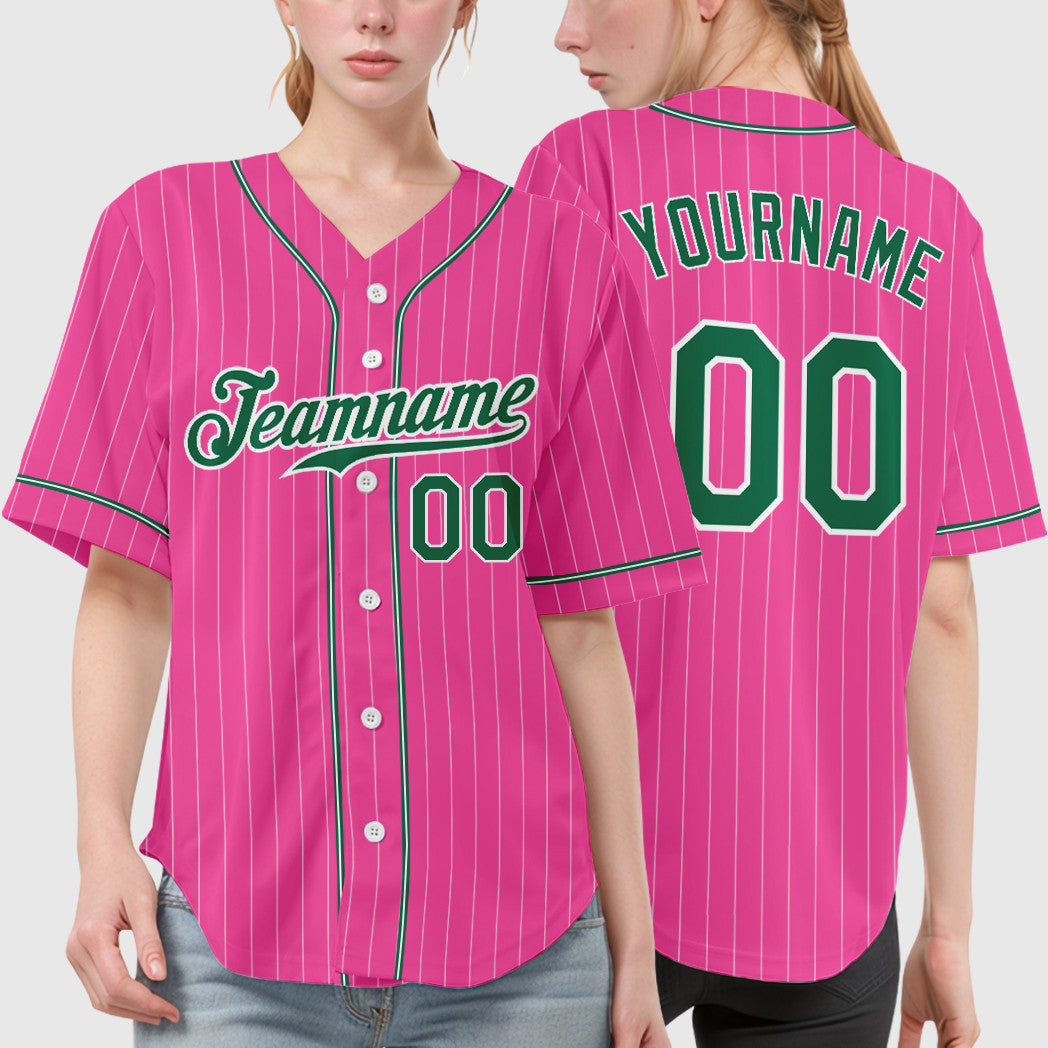 Custom Pink White Kelly Green Piping Pinstripe Baseball Jersey