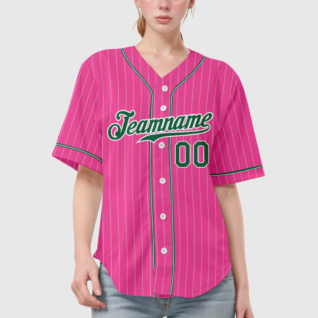 Custom Pink White Kelly Green Piping Pinstripe Baseball Jersey