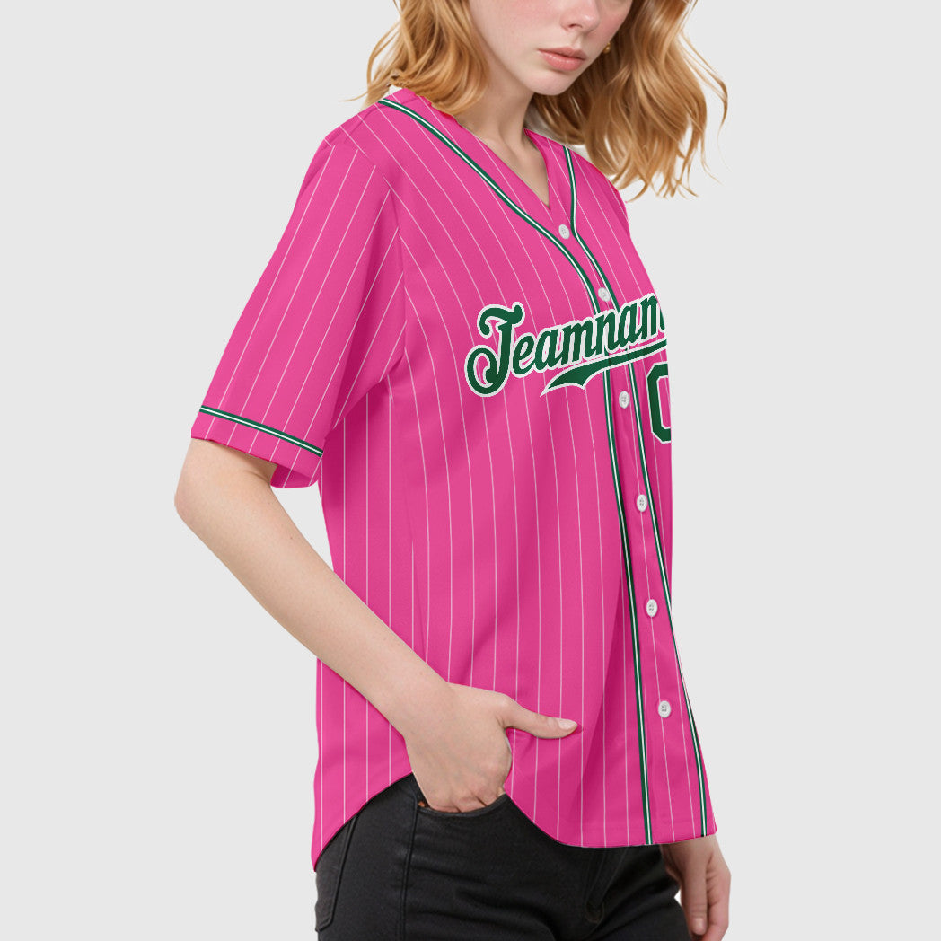Custom Pink White Kelly Green Piping Pinstripe Baseball Jersey