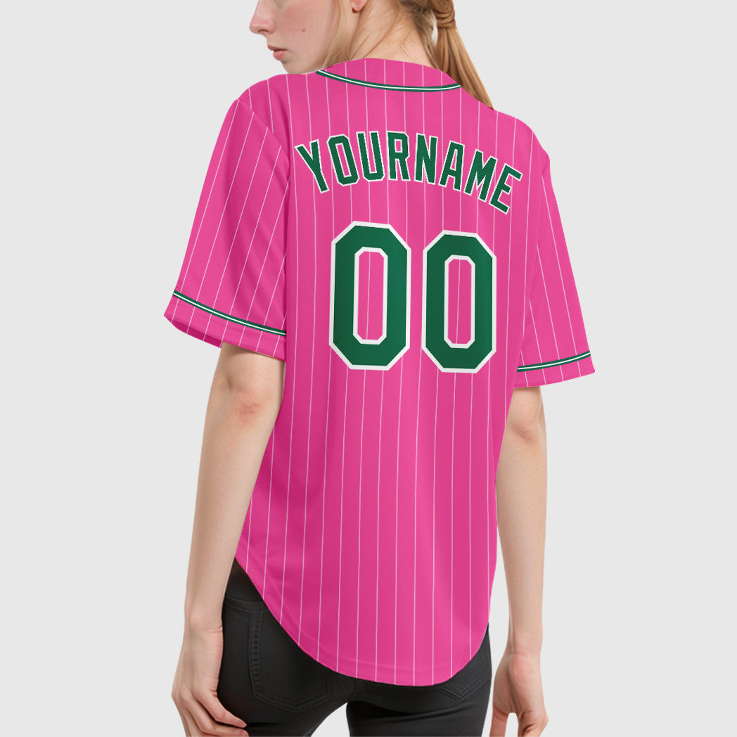 Custom Pink White Kelly Green Piping Pinstripe Baseball Jersey