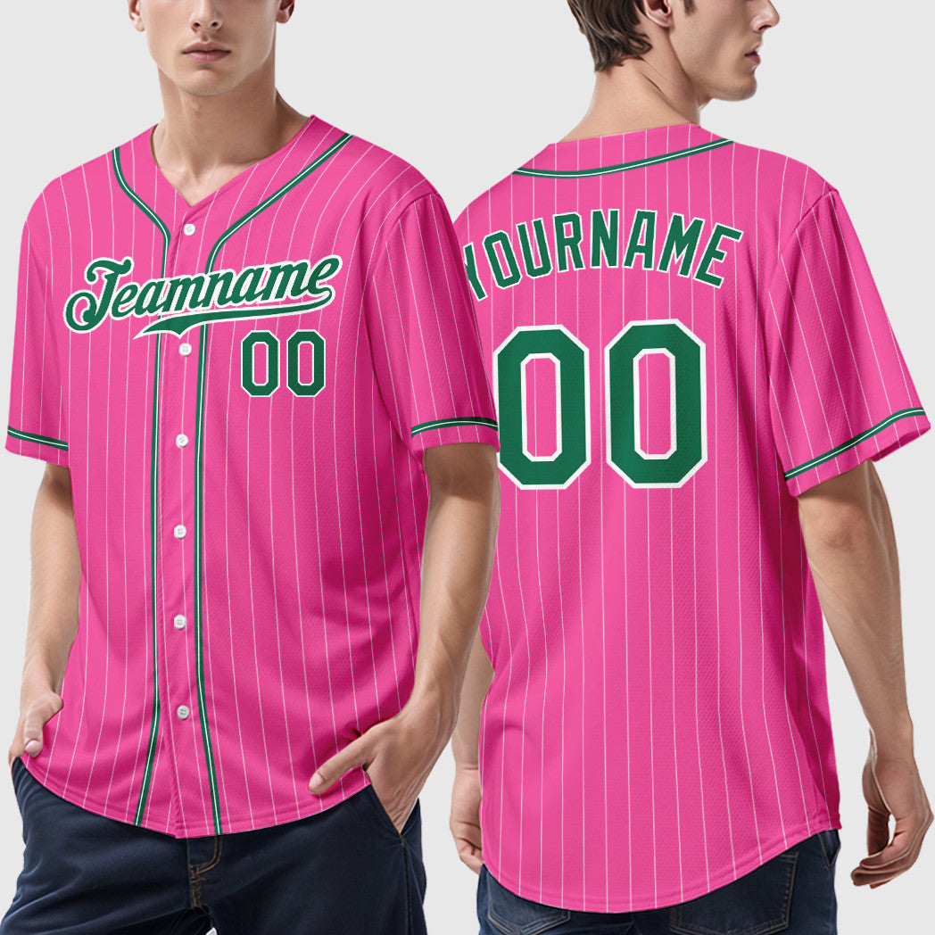 Custom Pink White Kelly Green Piping Pinstripe Baseball Jersey