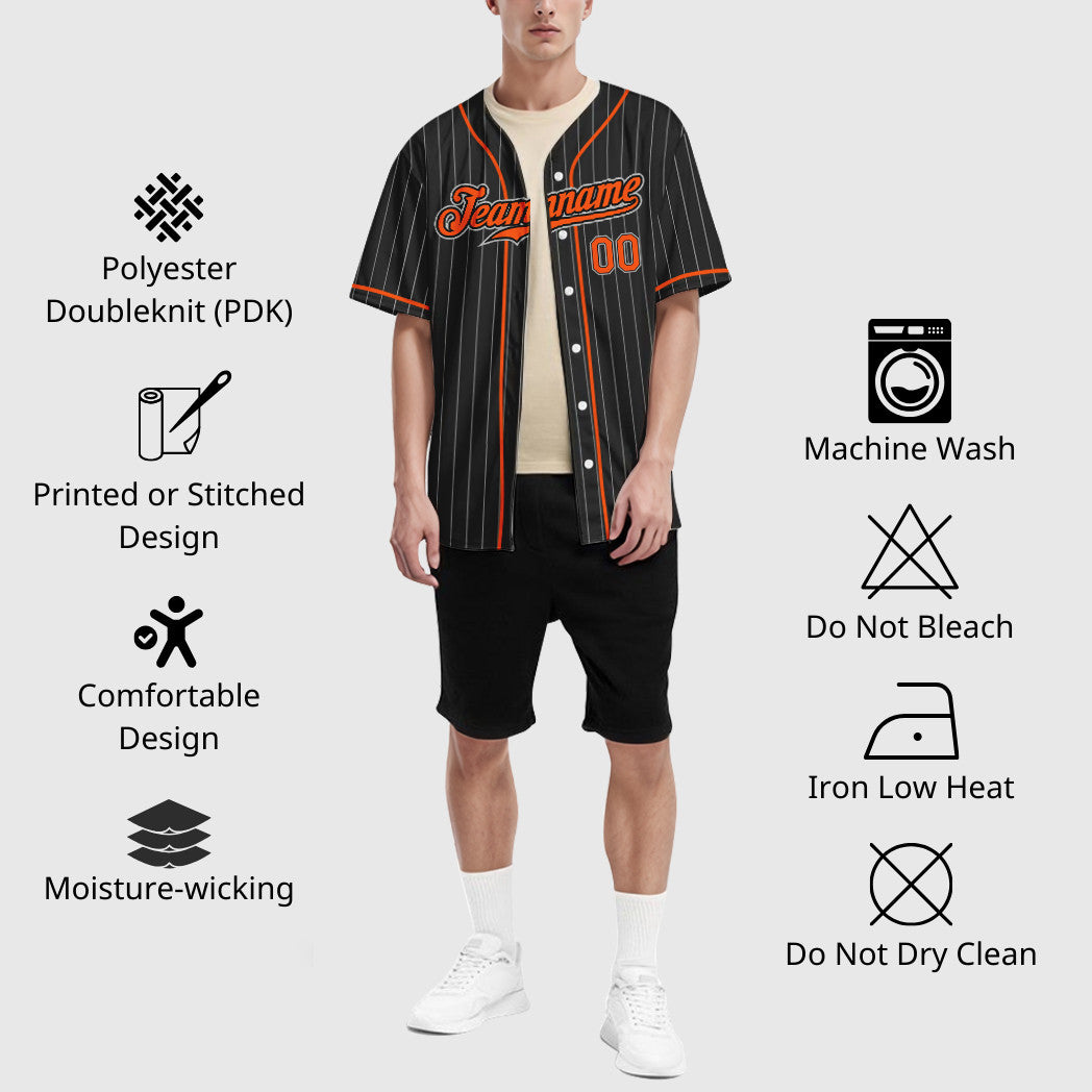 Custom Black Gray Orange Piping Pinstripe Baseball Jersey