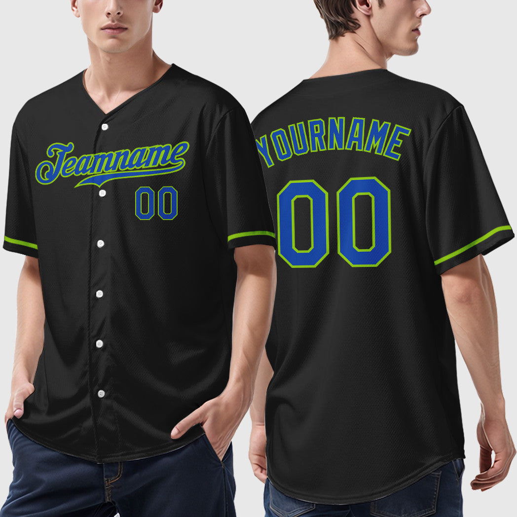 Custom Black Neon Green Thunder Blue Baseball Jersey