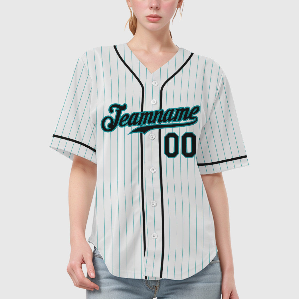 Custom White Teal Black Piping Pinstripe Baseball Jersey