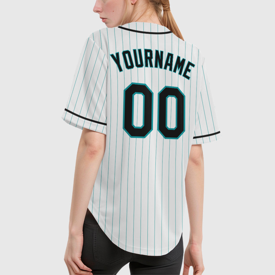 Custom White Teal Black Piping Pinstripe Baseball Jersey