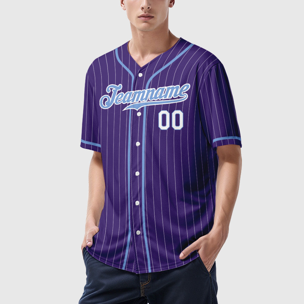 Custom Purple White Light Blue-White Piping Pinstripe Baseball Jersey