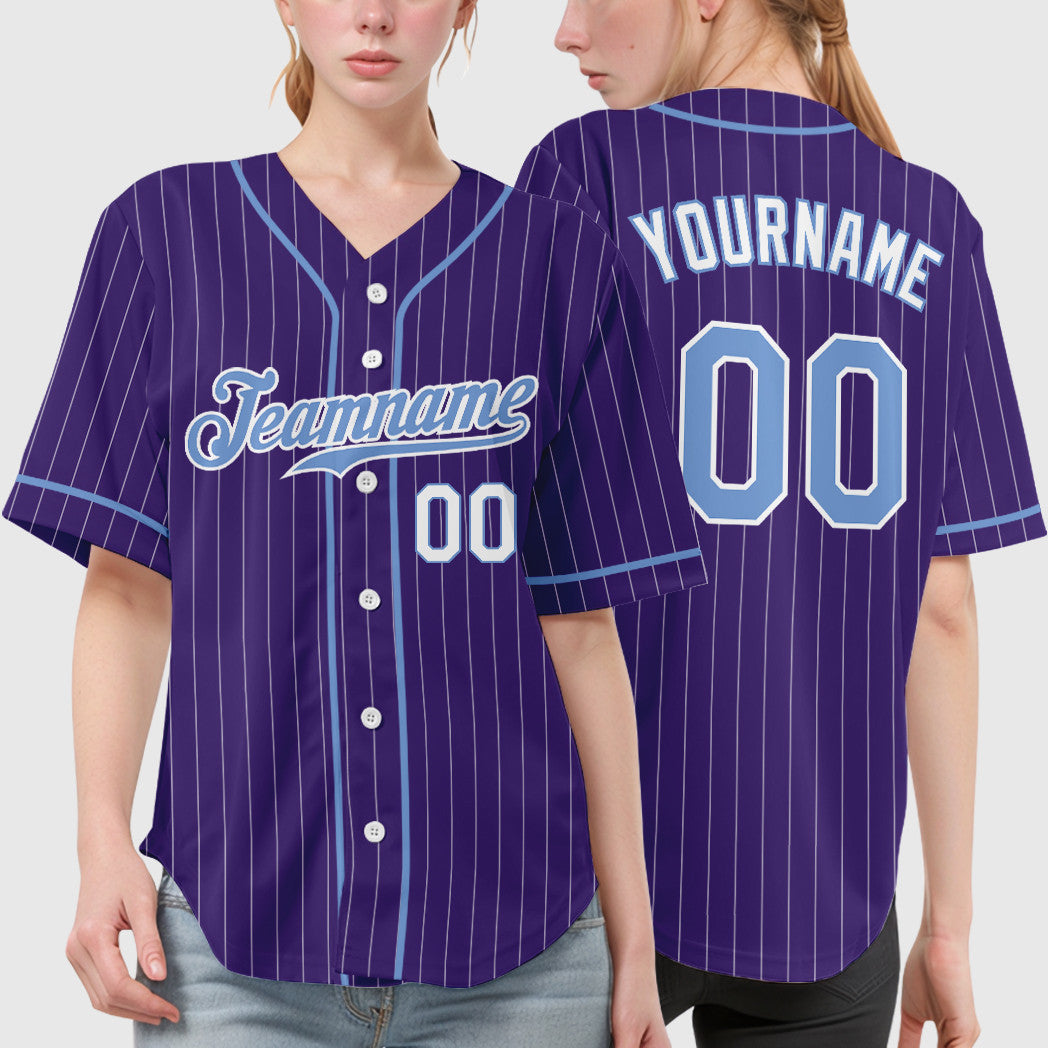 Custom Purple White Light Blue-White Piping Pinstripe Baseball Jersey