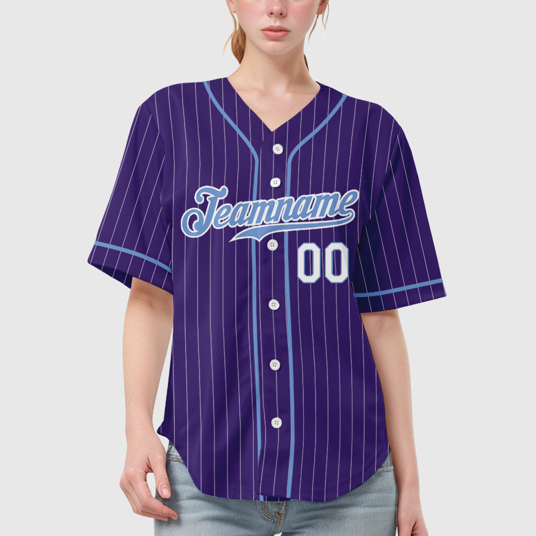 Custom Purple White Light Blue-White Piping Pinstripe Baseball Jersey