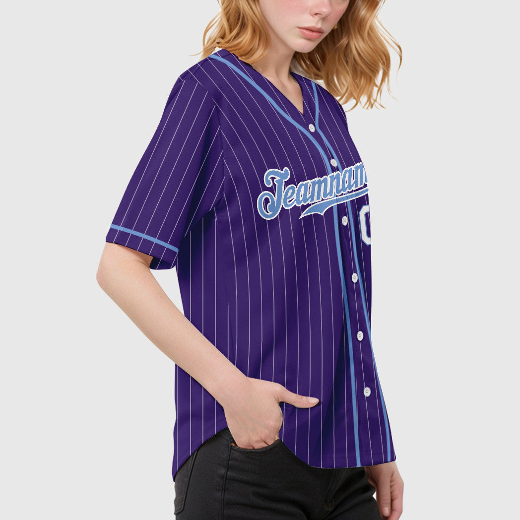 Custom Purple White Light Blue-White Piping Pinstripe Baseball Jersey