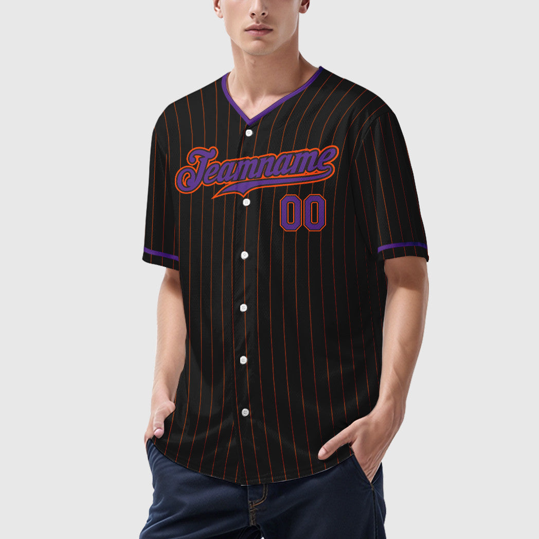 Custom Black Orange Purple Pinstripe Baseball Jersey