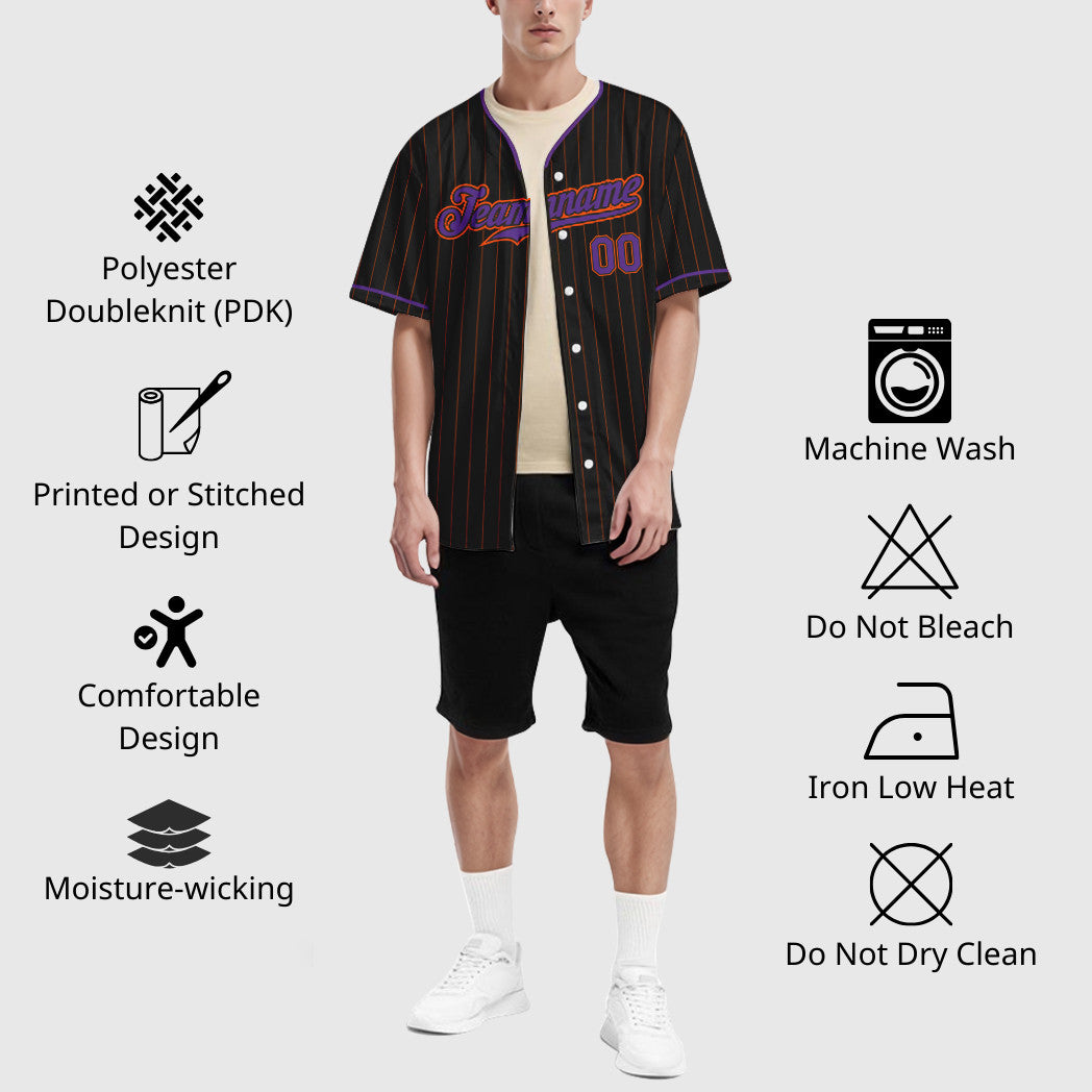 Custom Black Orange Purple Pinstripe Baseball Jersey
