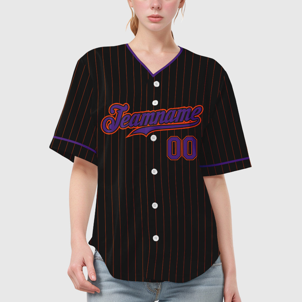 Custom Black Orange Purple Pinstripe Baseball Jersey