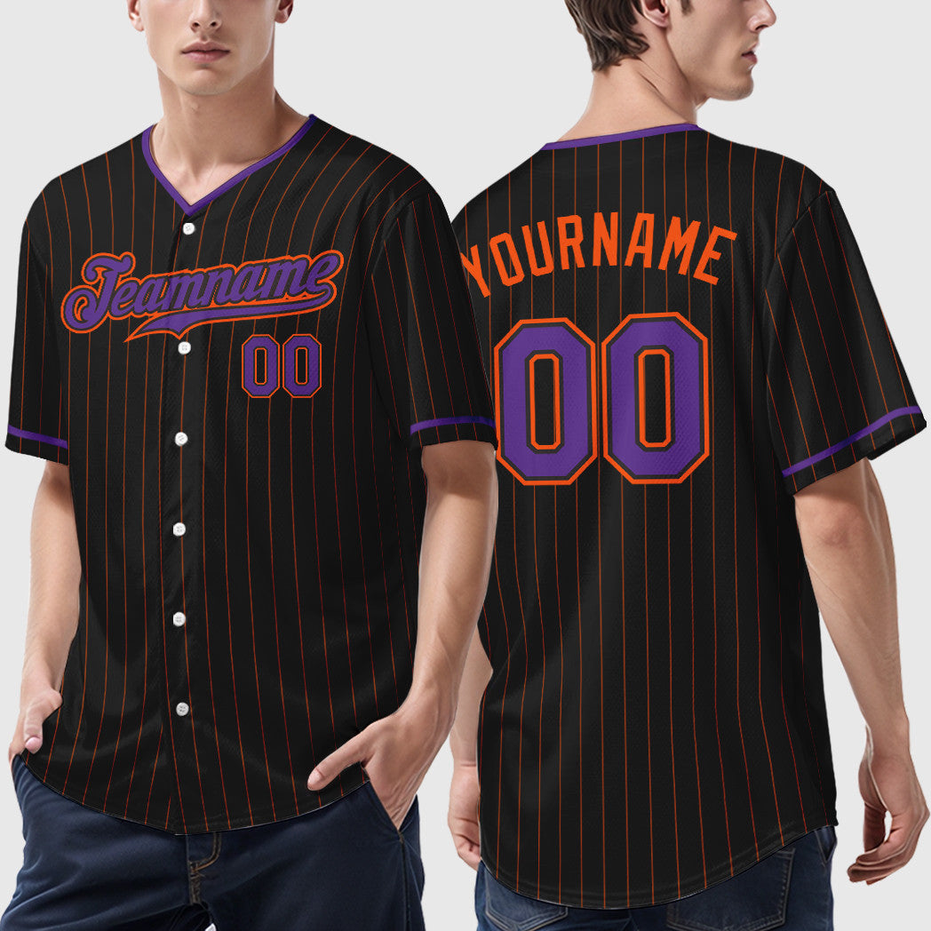 Custom Black Orange Purple Pinstripe Baseball Jersey