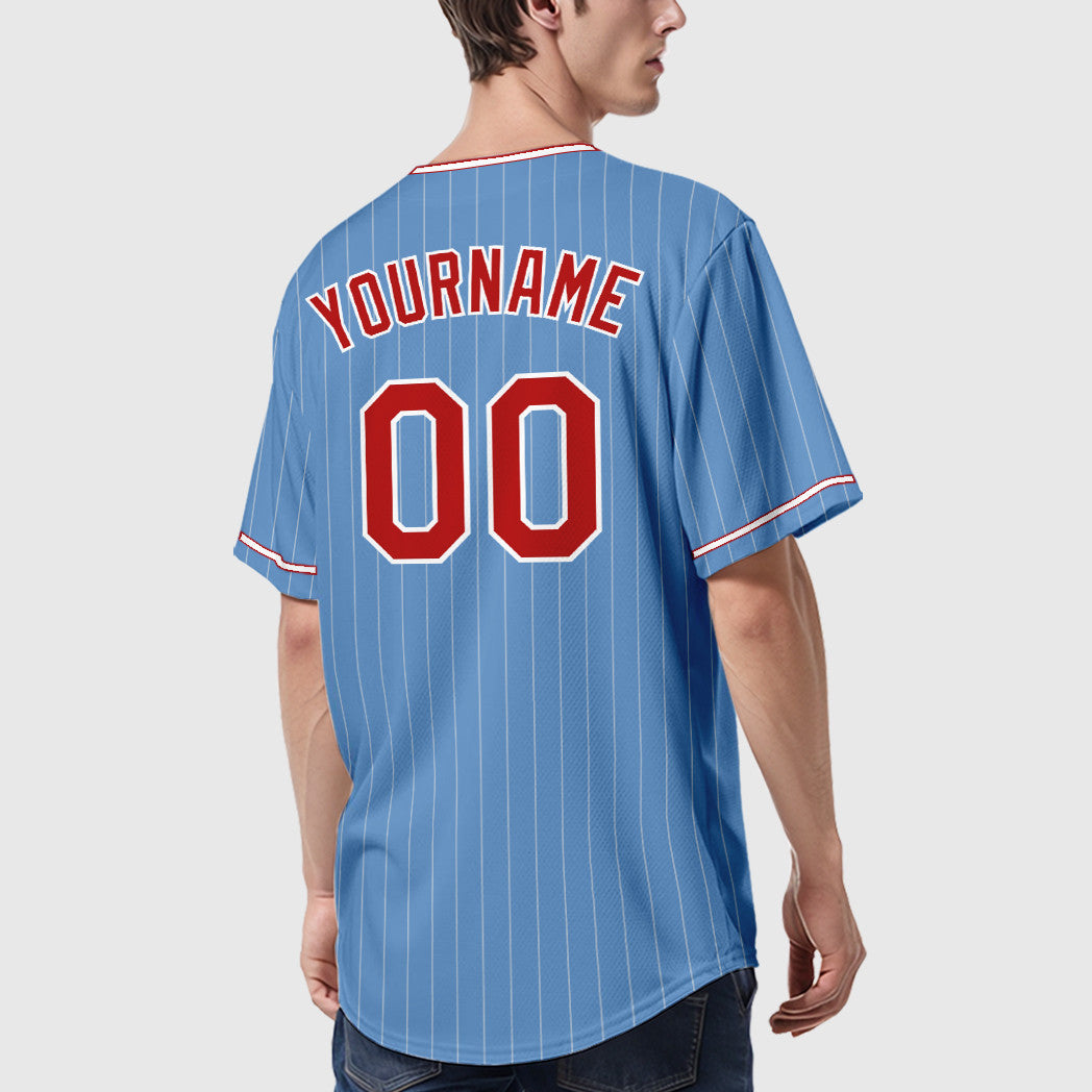 Custom Light Blue White Red Pinstripe Baseball Jersey