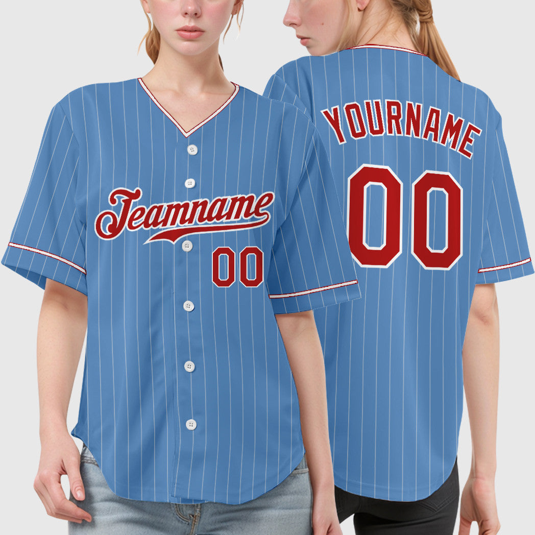 Custom Light Blue White Red Pinstripe Baseball Jersey