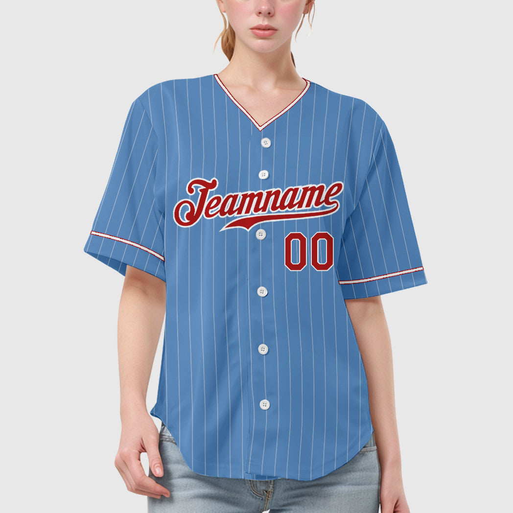 Custom Light Blue White Red Pinstripe Baseball Jersey