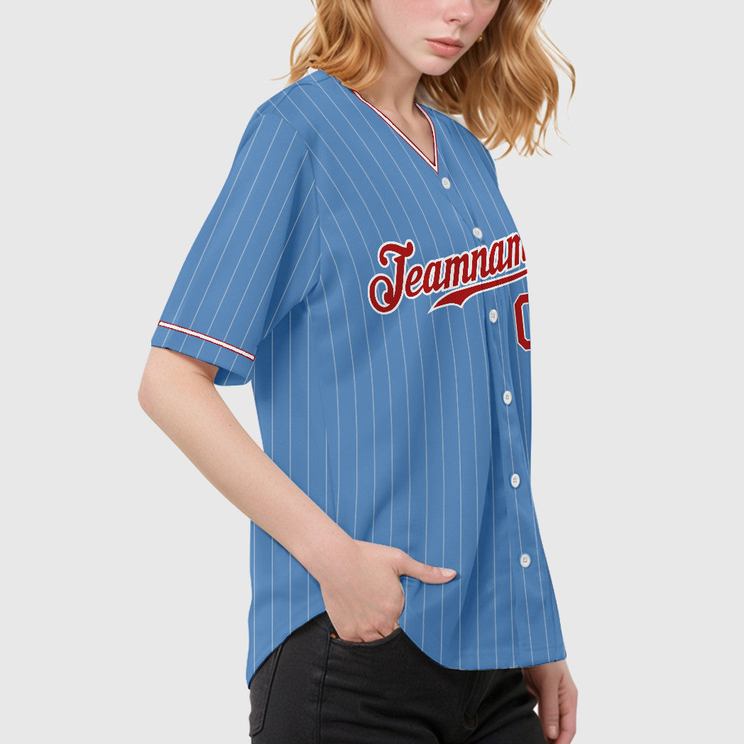 Custom Light Blue White Red Pinstripe Baseball Jersey