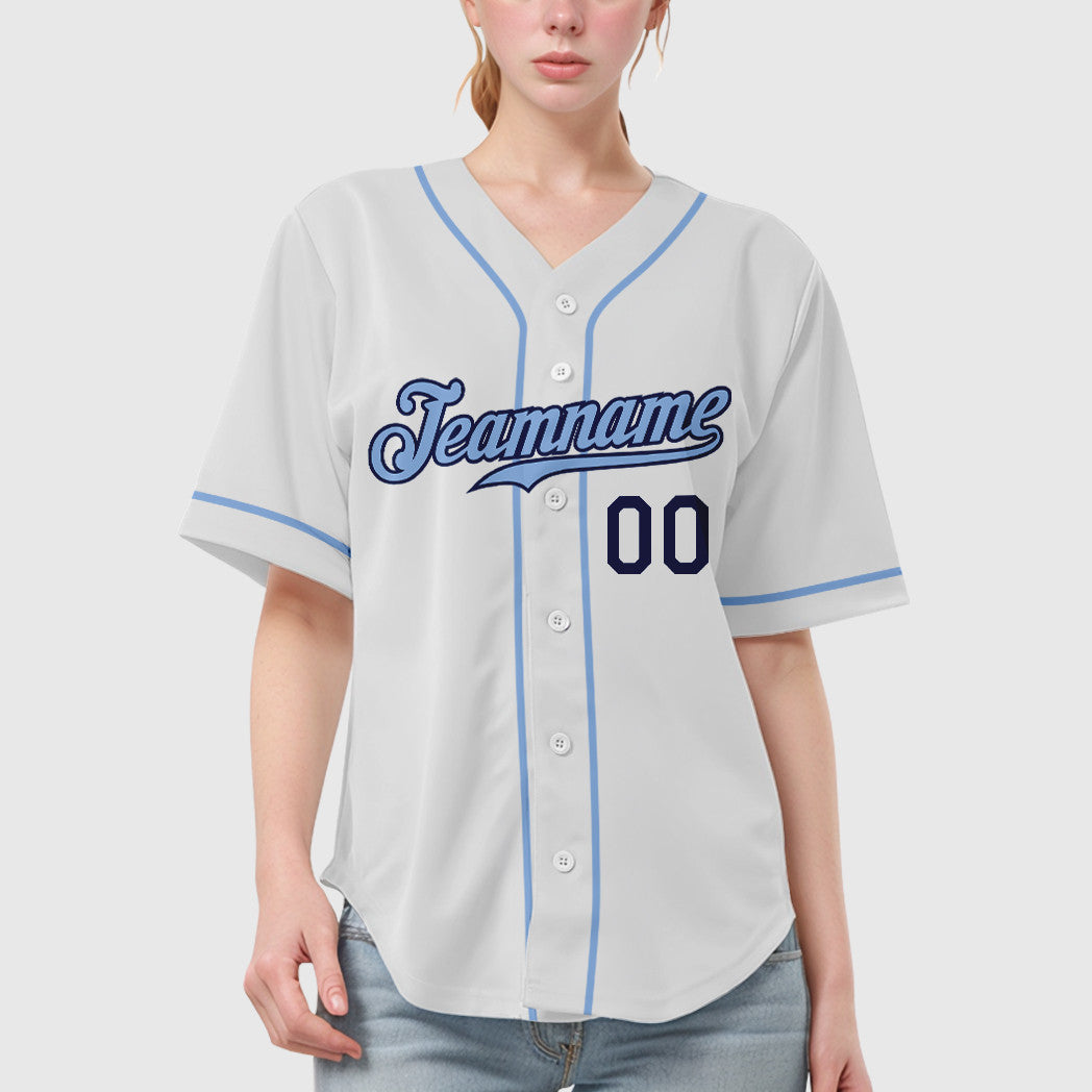 Custom White Navy Light Blue Sleeve Baseball Jersey