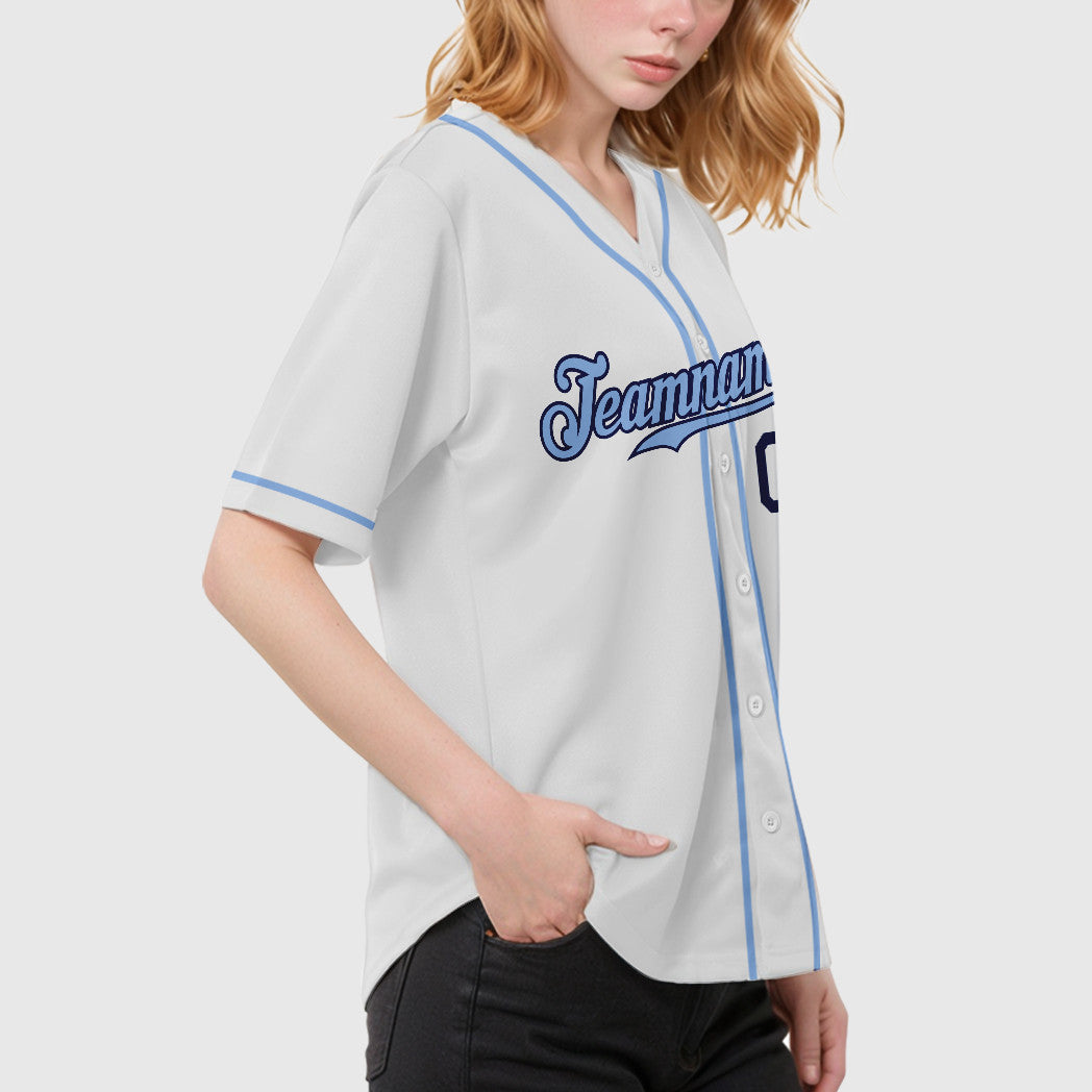 Custom White Navy Light Blue Sleeve Baseball Jersey