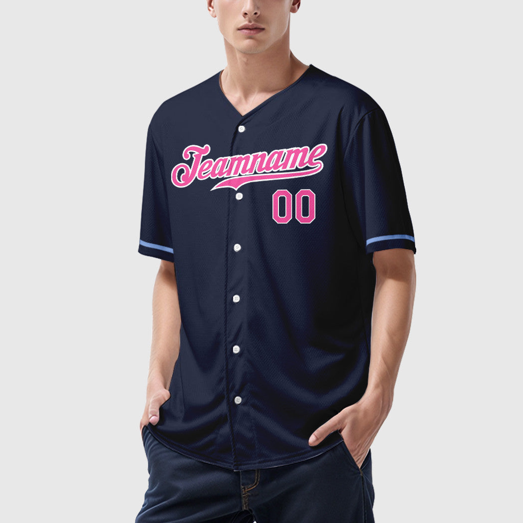 Custom Navy White Pink Baseball Jersey