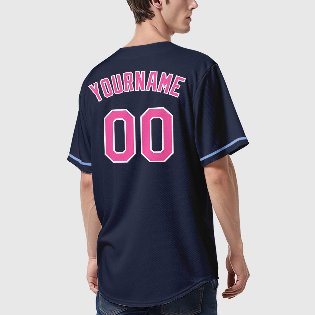 Custom Navy White Pink Baseball Jersey