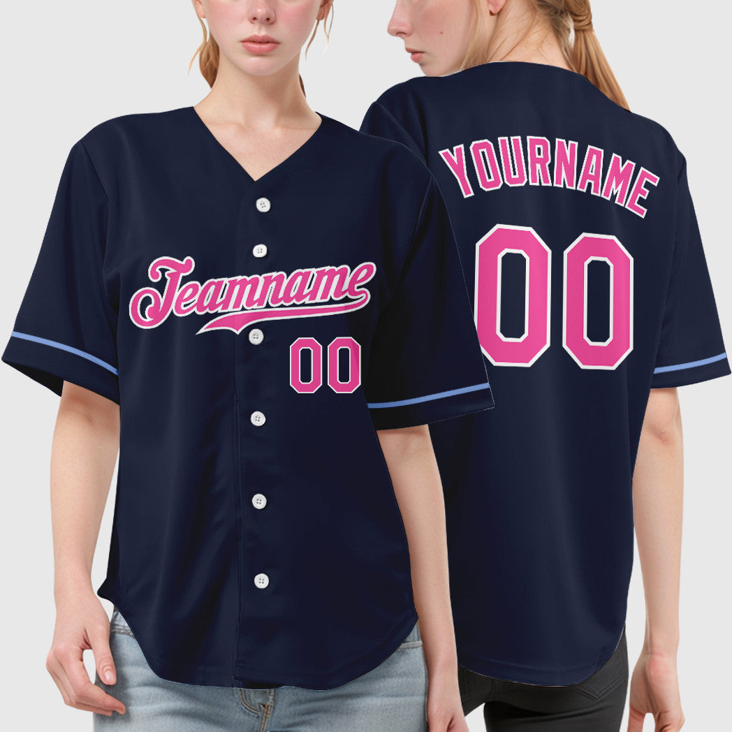 Custom Navy White Pink Baseball Jersey
