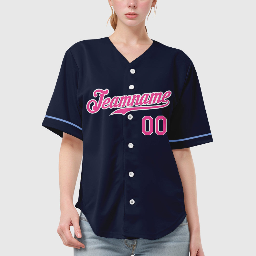 Custom Navy White Pink Baseball Jersey
