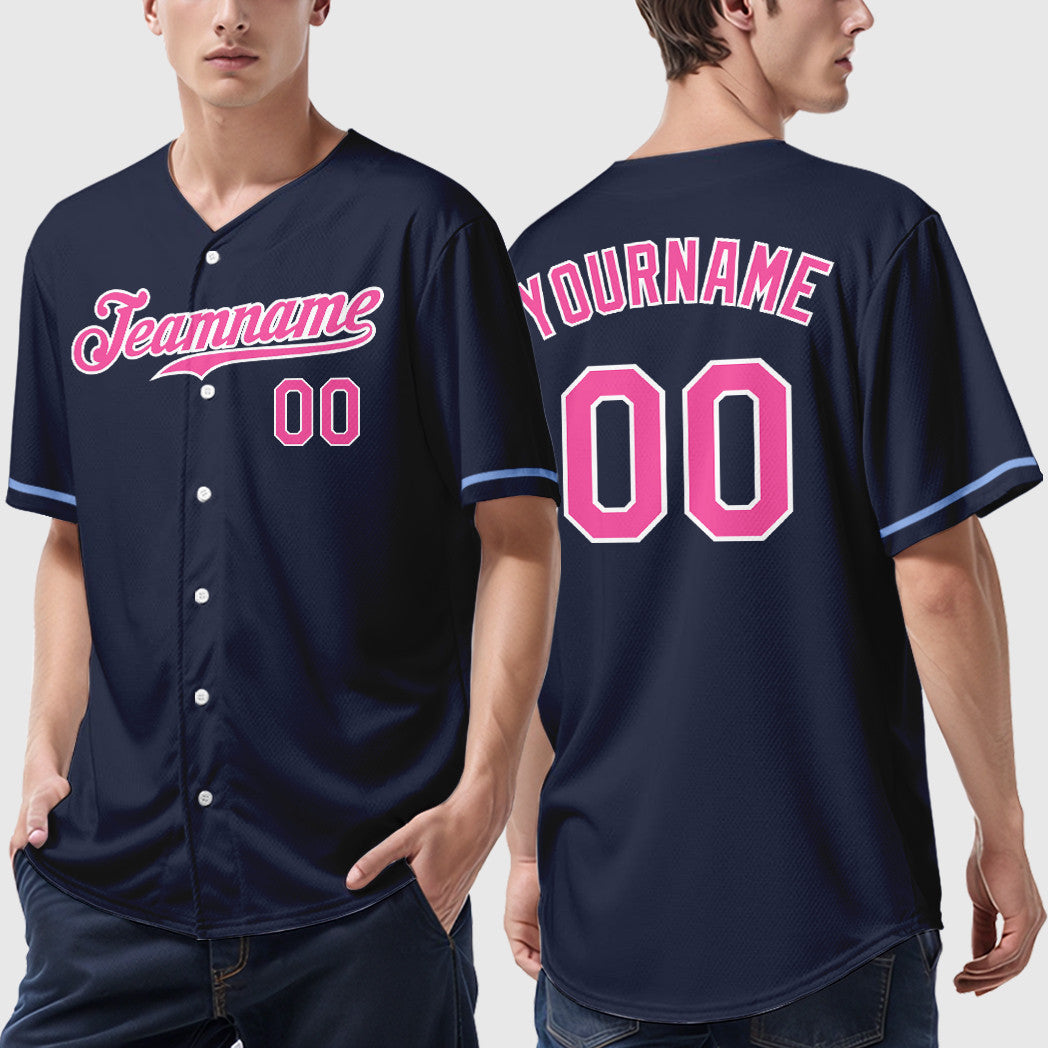 Custom Navy White Pink Baseball Jersey