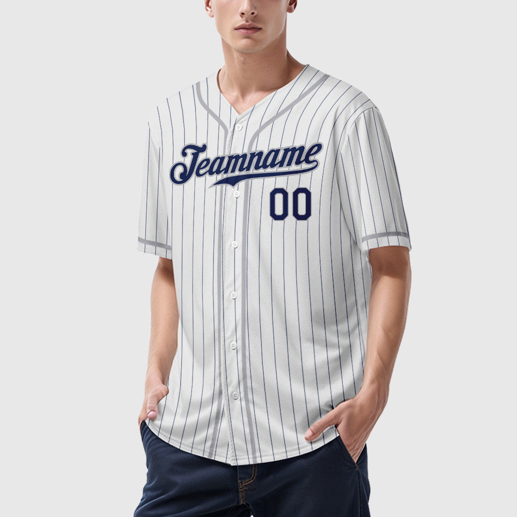 Custom White Navy Navy-Gray Piping Pinstripe Baseball Jersey