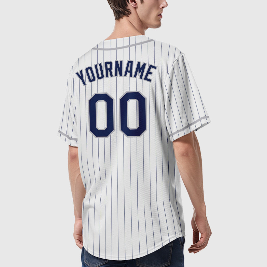 Custom White Navy Navy-Gray Piping Pinstripe Baseball Jersey