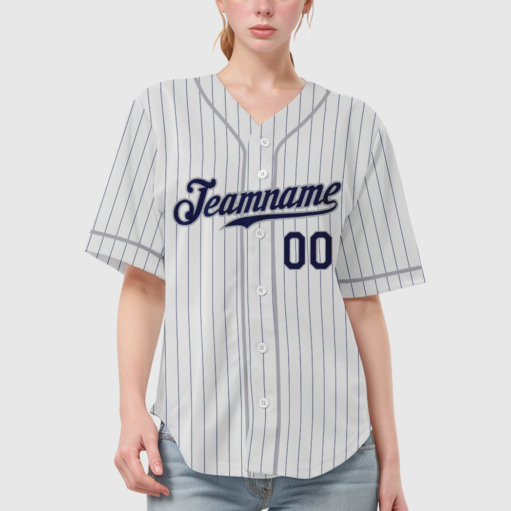 Custom White Navy Navy-Gray Piping Pinstripe Baseball Jersey