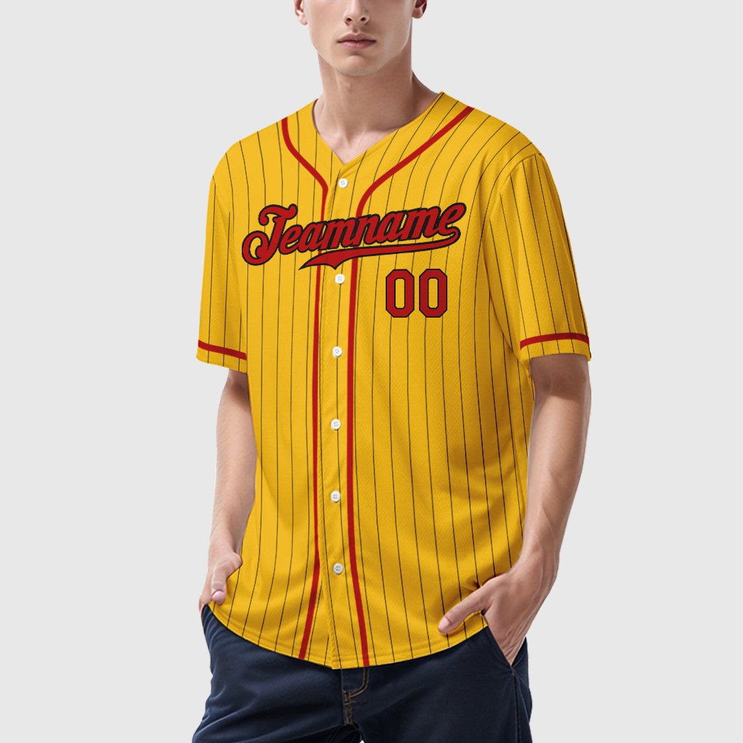 Custom Yellow Black Red-Black Piping Pinstripe Baseball Jersey