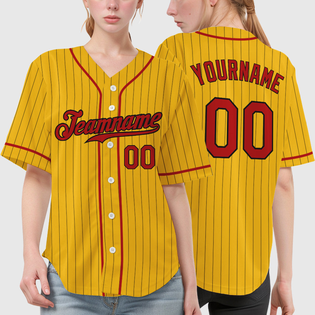 Custom Yellow Black Red-Black Piping Pinstripe Baseball Jersey