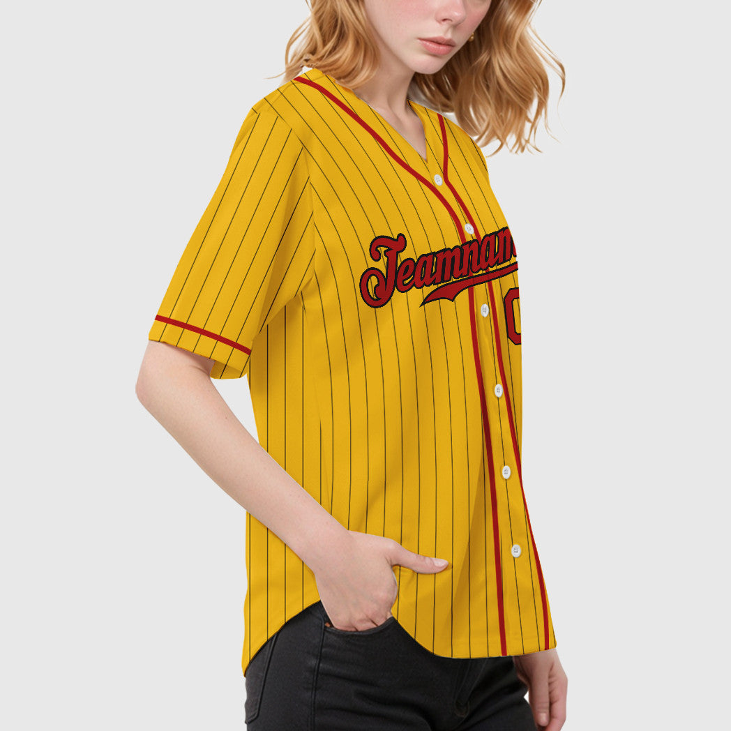 Custom Yellow Black Red-Black Piping Pinstripe Baseball Jersey