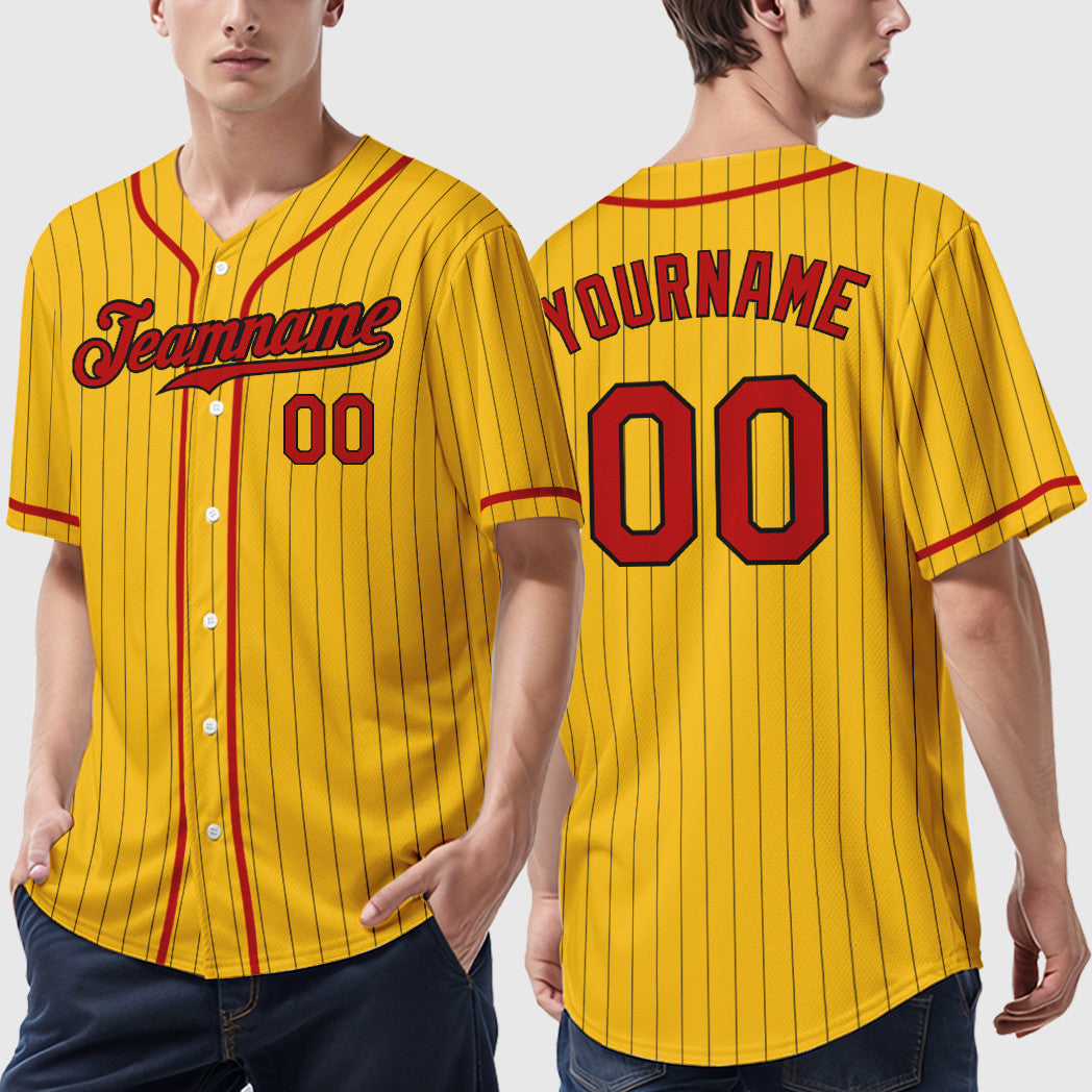 Custom Yellow Black Red-Black Piping Pinstripe Baseball Jersey