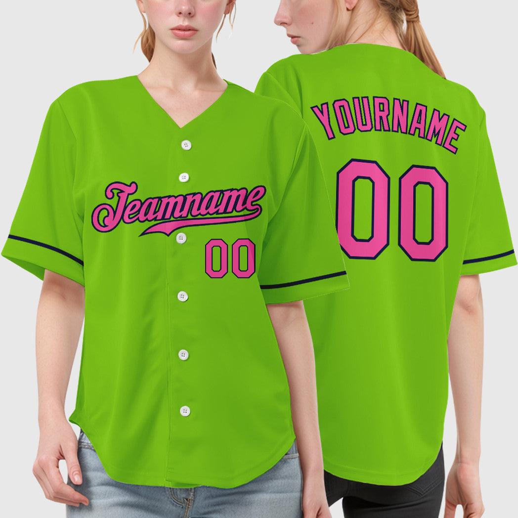 Custom Neon Green Navy Pink Baseball Jersey