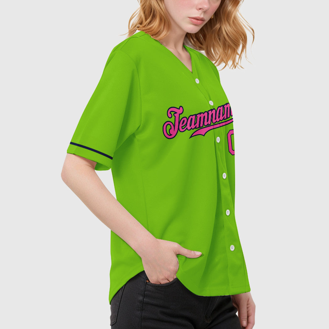 Custom Neon Green Navy Pink Baseball Jersey