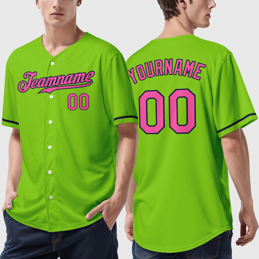 Custom Neon Green Navy Pink Baseball Jersey