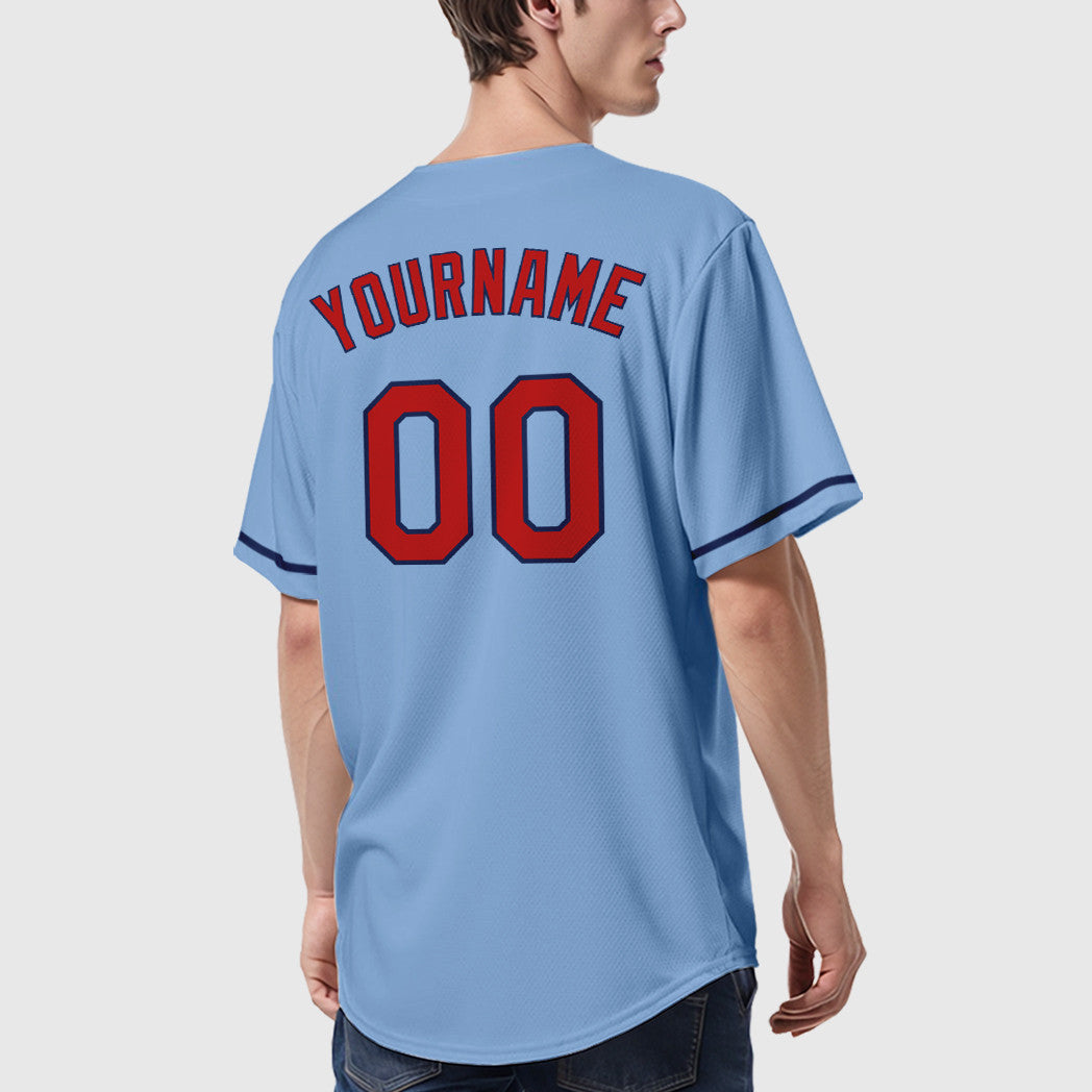 Custom Light Blue Red Red-Navy Baseball Jersey