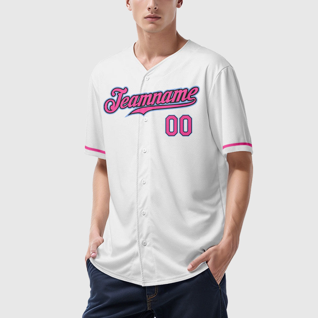 Custom White Black Pink-Light Blue Baseball Jersey