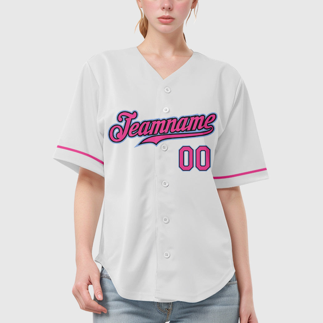 Custom White Black Pink-Light Blue Baseball Jersey