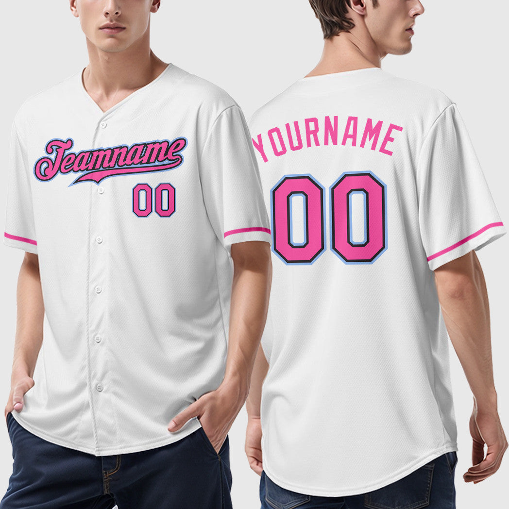 Custom White Black Pink-Light Blue Baseball Jersey