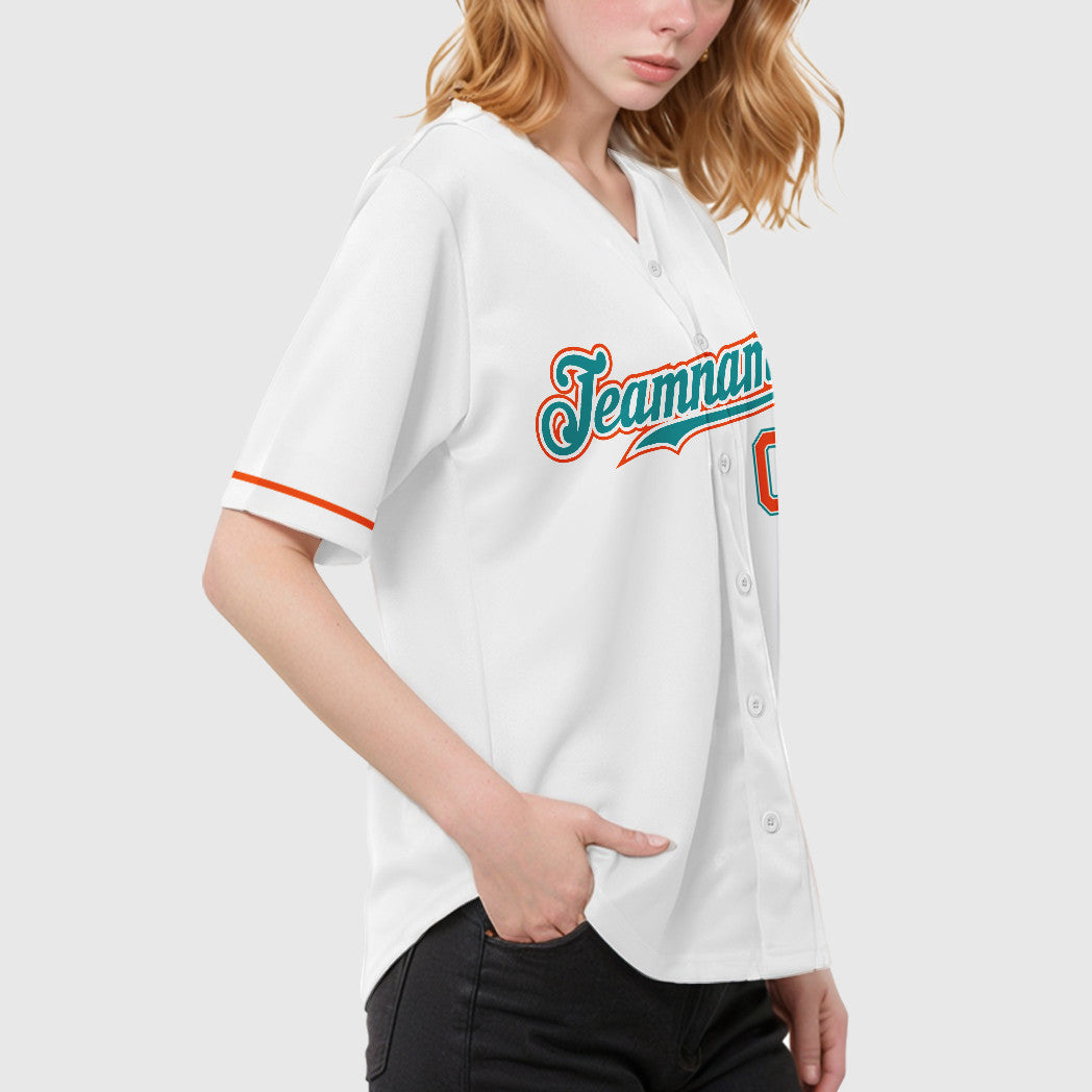 Custom White Teal Teal-Orange Baseball Jersey