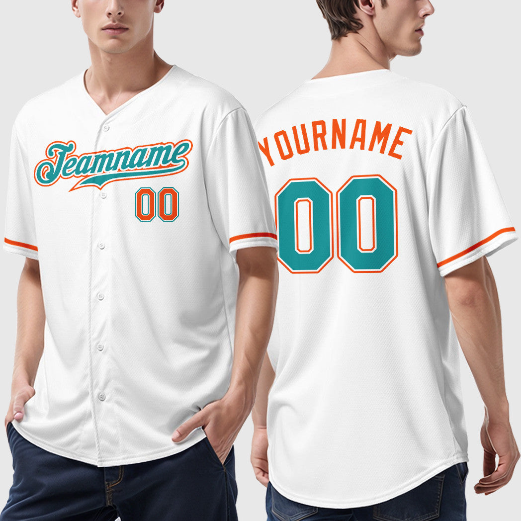 Custom White Teal Teal-Orange Baseball Jersey