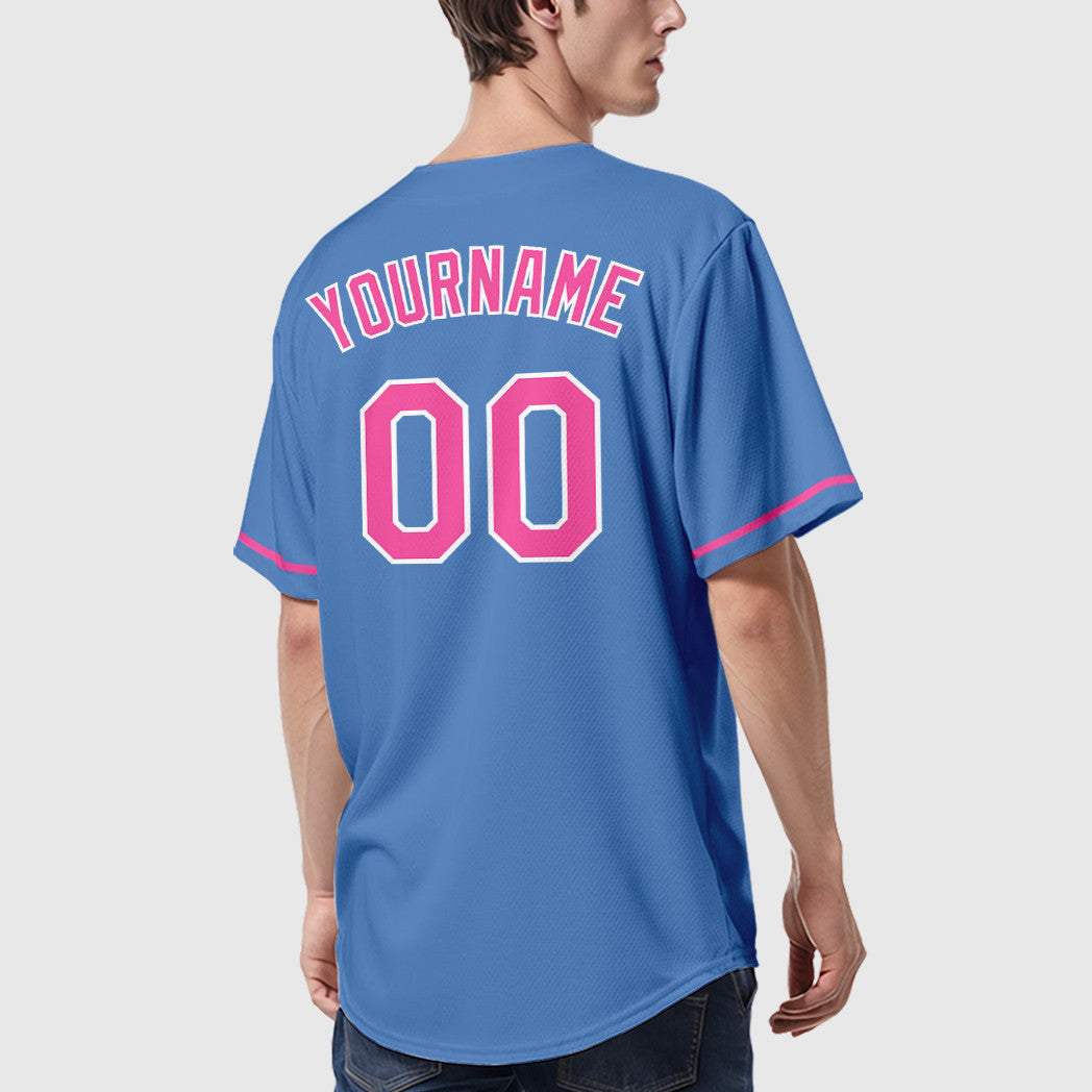Custom Powder Blue White Pink Baseball Jersey