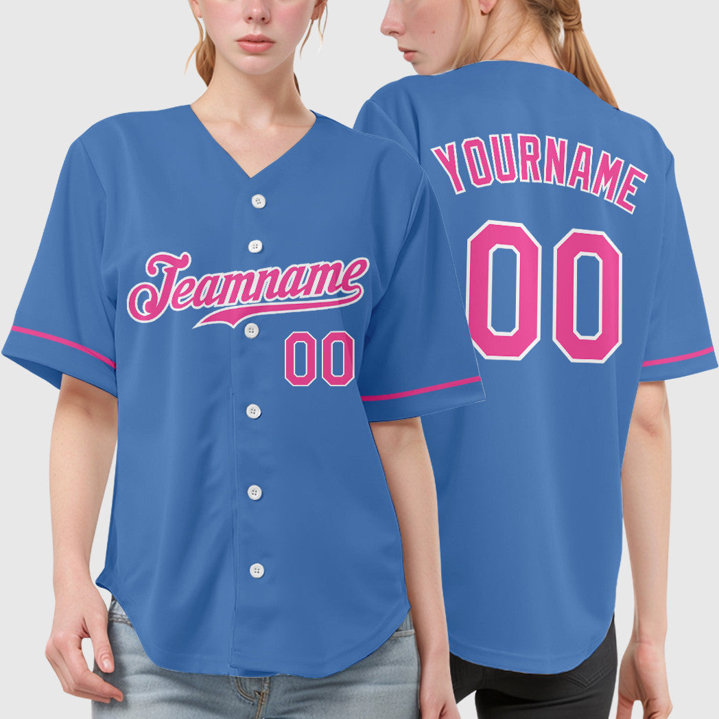 Custom Powder Blue White Pink Baseball Jersey