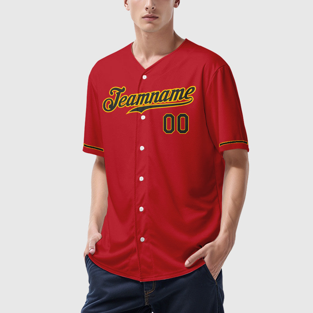 Custom Red Black Black-Gold Baseball Jersey