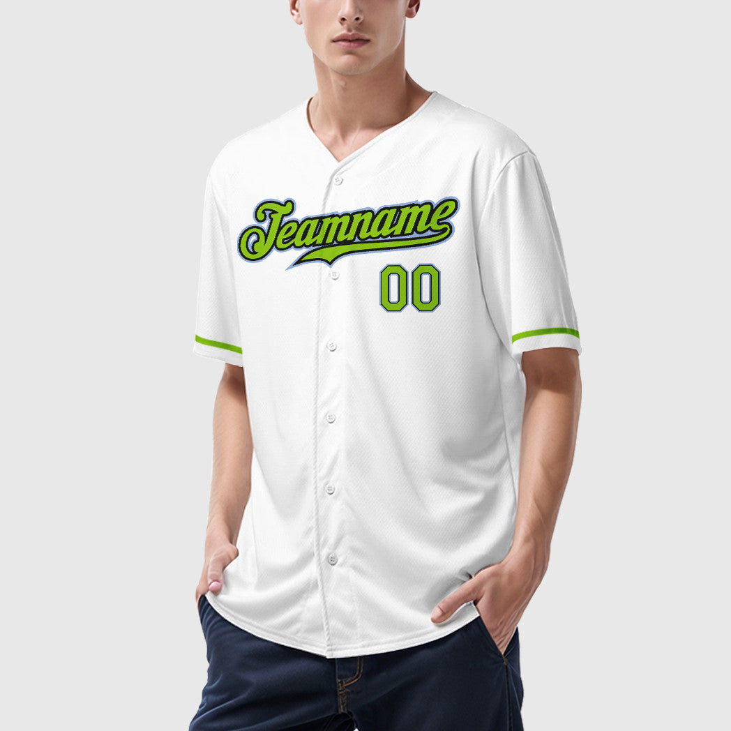 Custom White Light Blue Neon Green-Black Baseball Jersey