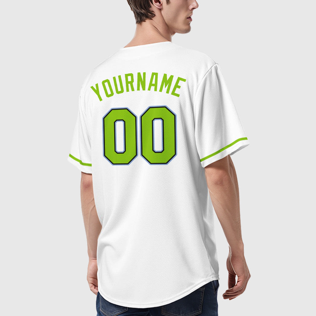 Custom White Light Blue Neon Green-Black Baseball Jersey