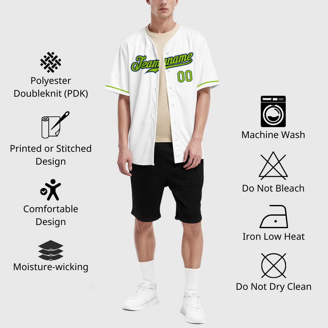 Custom White Light Blue Neon Green-Black Baseball Jersey